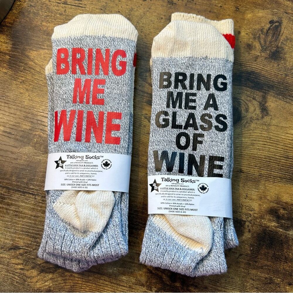 Bring Me Wine Crew Socks Black Gray Red Unisex 2 Pair Talking Socks NWT